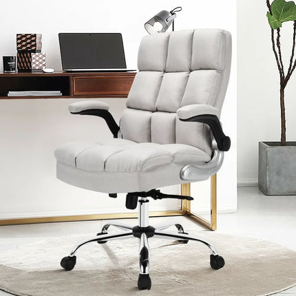 Adjustable Swivel Office Chair with High Back and Flip-up Arm for Home and Office-Beige - Beige - Leisure Chairs