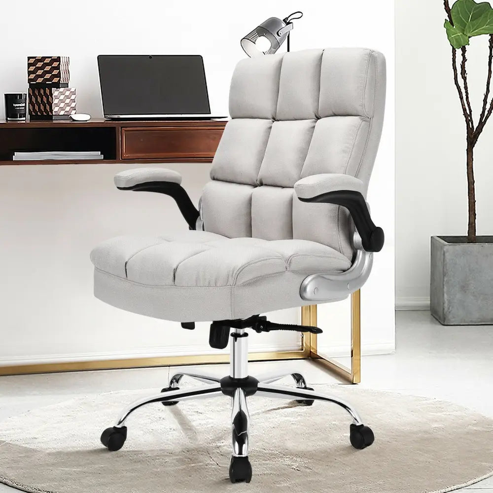 Adjustable Swivel Office Chair with High Back and Flip-up Arm for Home and Office-Beige - Beige - Leisure Chairs