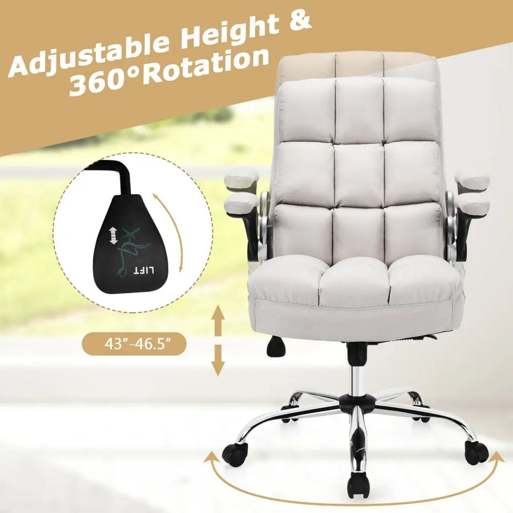 Adjustable Swivel Office Chair with High Back and Flip-up Arm for Home and Office-Beige - Beige - Leisure Chairs