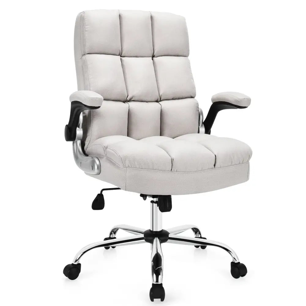 Adjustable Swivel Office Chair with High Back and Flip-up Arm for Home and Office-Beige - Beige - Leisure Chairs