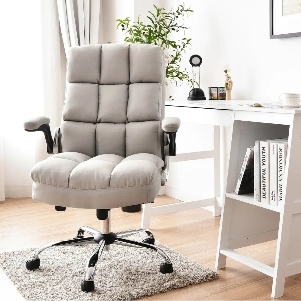Adjustable Swivel Office Chair with High Back and Flip-up Arm for Home and Office-Beige - Beige - Leisure Chairs
