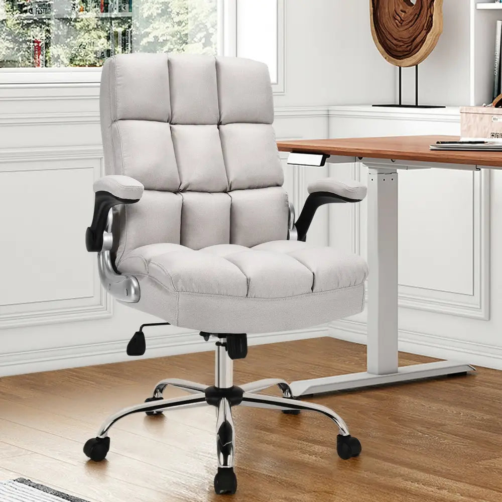 Adjustable Swivel Office Chair with High Back and Flip-up Arm for Home and Office-Beige - Beige - Leisure Chairs