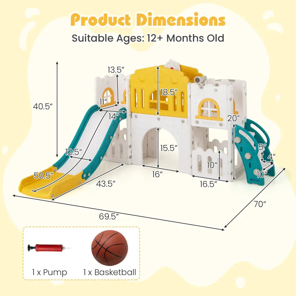 All-in-1 Toddler Slide Playset Playground with Tunnel and Ladder and Basketball-Yellow - Yellow - Climbers & Slides