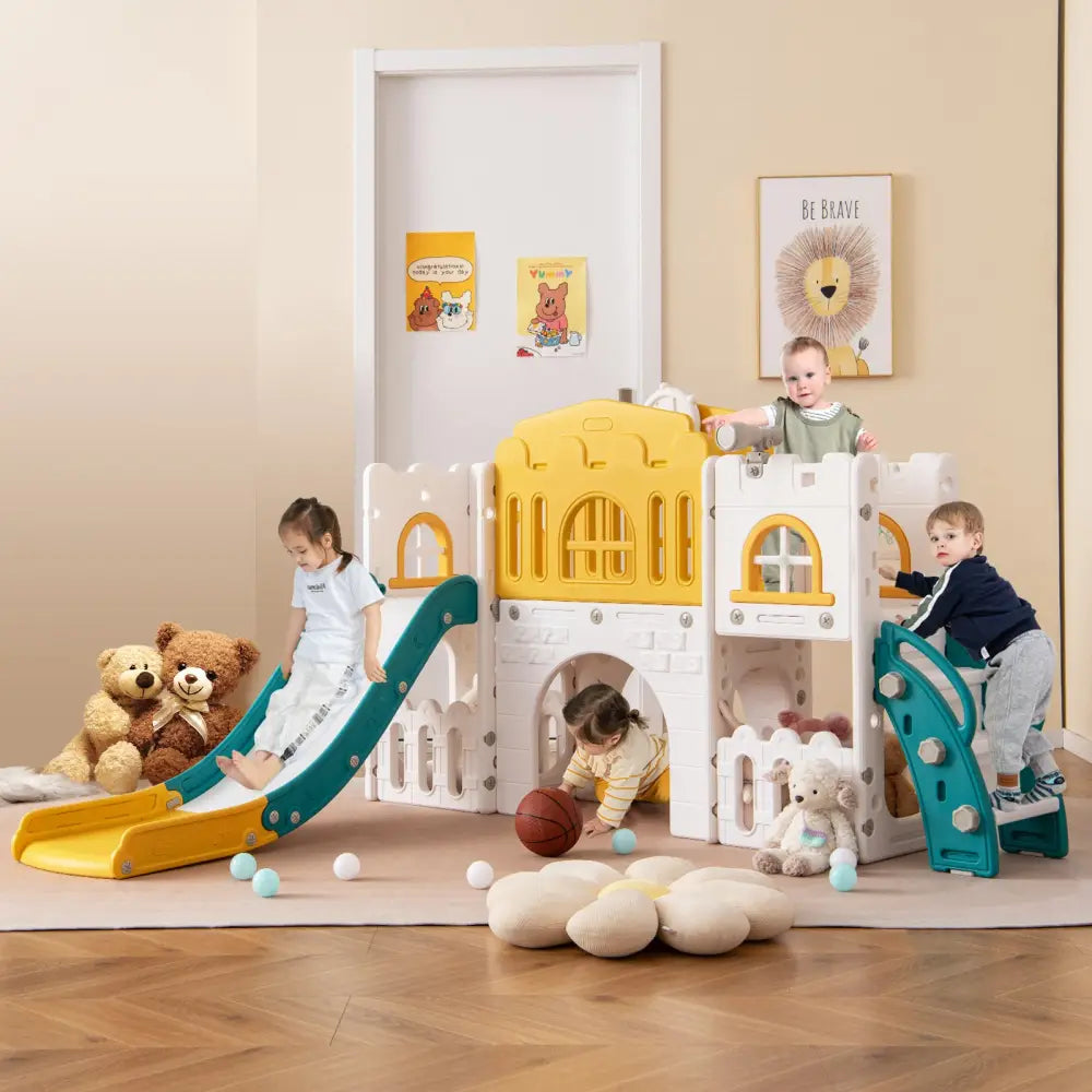 All-in-1 Toddler Slide Playset Playground with Tunnel and Ladder and Basketball-Yellow - Yellow - Climbers & Slides