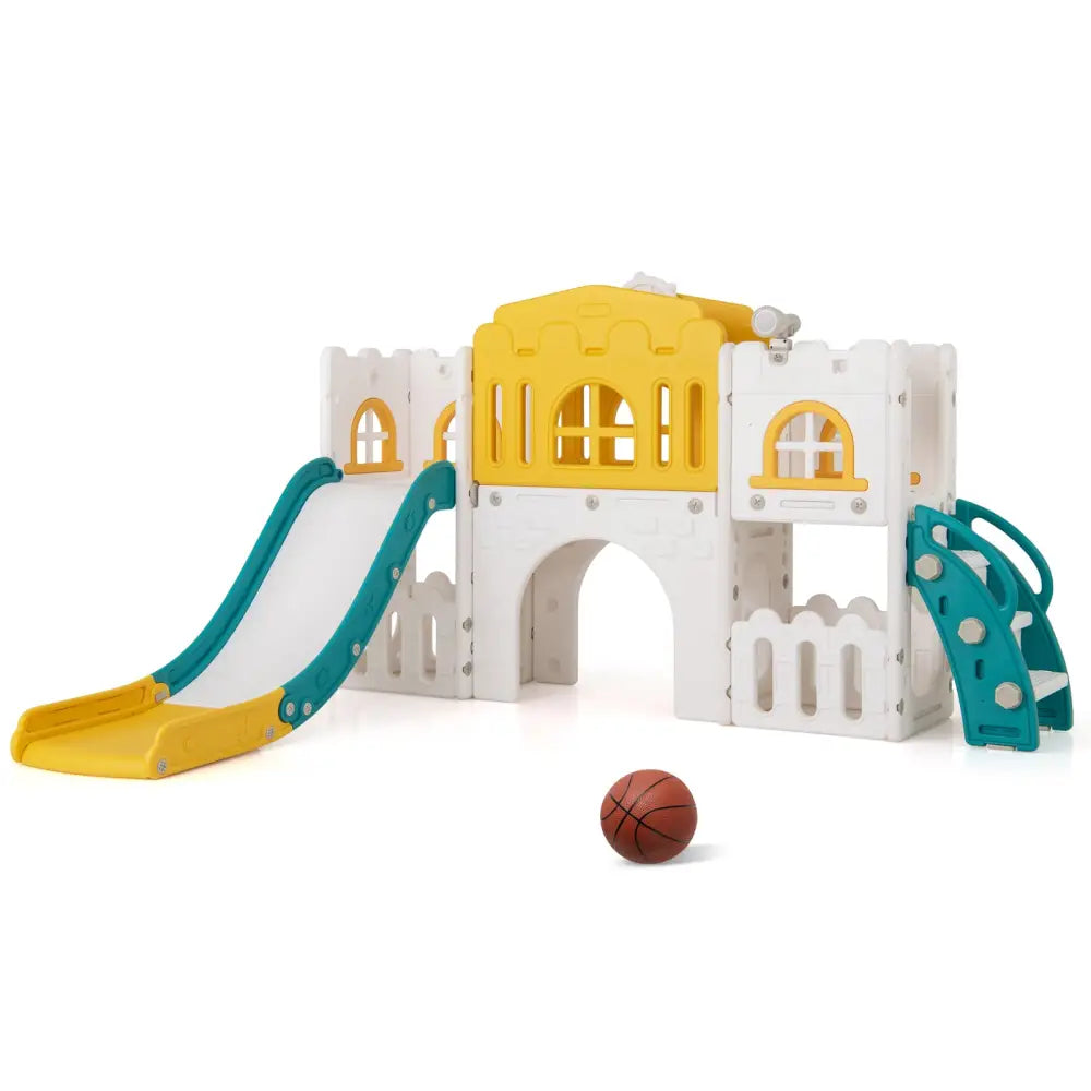 All-in-1 Toddler Slide Playset Playground with Tunnel and Ladder and Basketball-Yellow - Yellow - Climbers & Slides