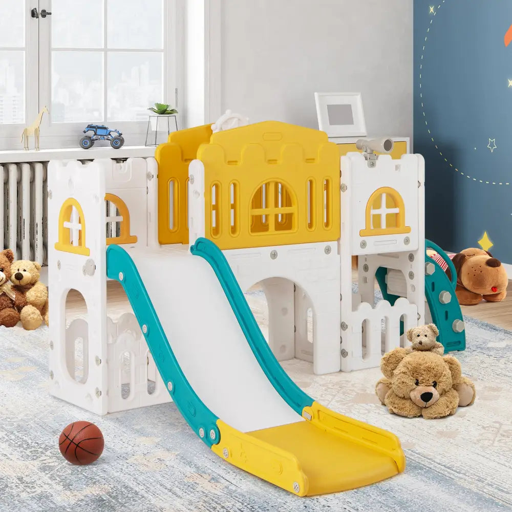 All-in-1 Toddler Slide Playset Playground with Tunnel and Ladder and Basketball-Yellow - Yellow - Climbers & Slides