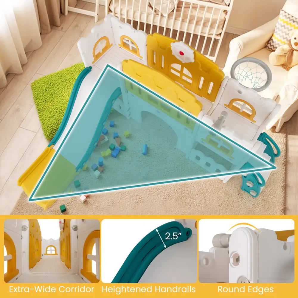 All-in-1 Toddler Slide Playset Playground with Tunnel and Ladder and Basketball-Yellow - Yellow - Climbers & Slides