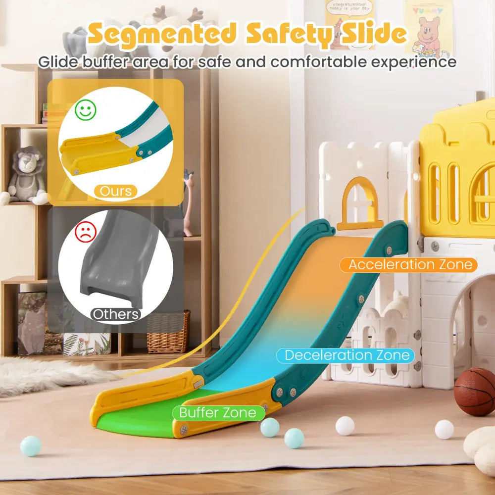 All-in-1 Toddler Slide Playset Playground with Tunnel and Ladder and Basketball-Yellow - Yellow - Climbers & Slides