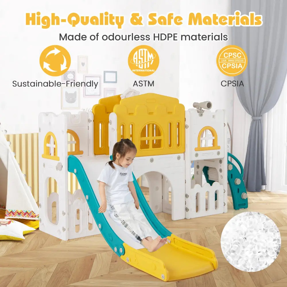 All-in-1 Toddler Slide Playset Playground with Tunnel and Ladder and Basketball-Yellow - Yellow - Climbers & Slides