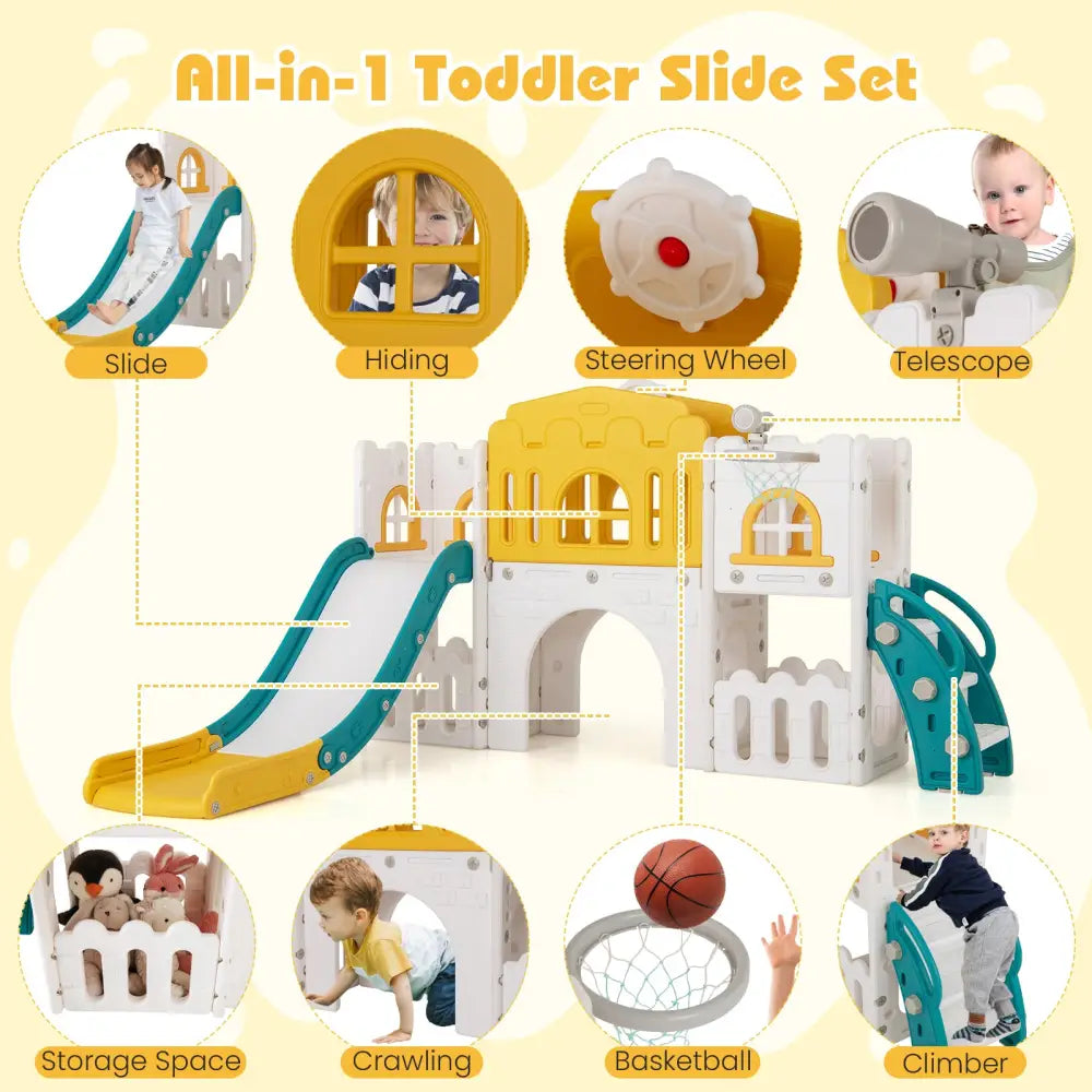All-in-1 Toddler Slide Playset Playground with Tunnel and Ladder and Basketball-Yellow - Yellow - Climbers & Slides