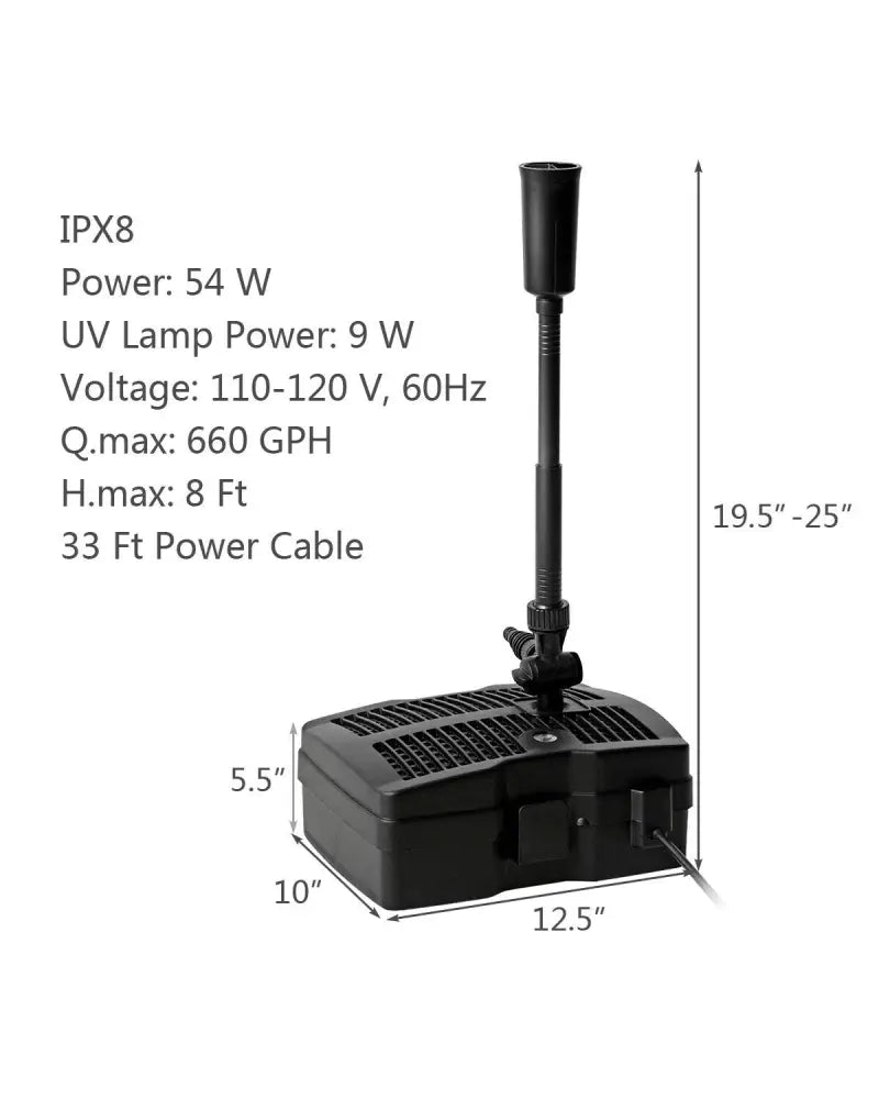 All-in-One 660 GPH Pond Filter Pump with Sterilizer and Fountain Jet - Black - Watering & Irrigation