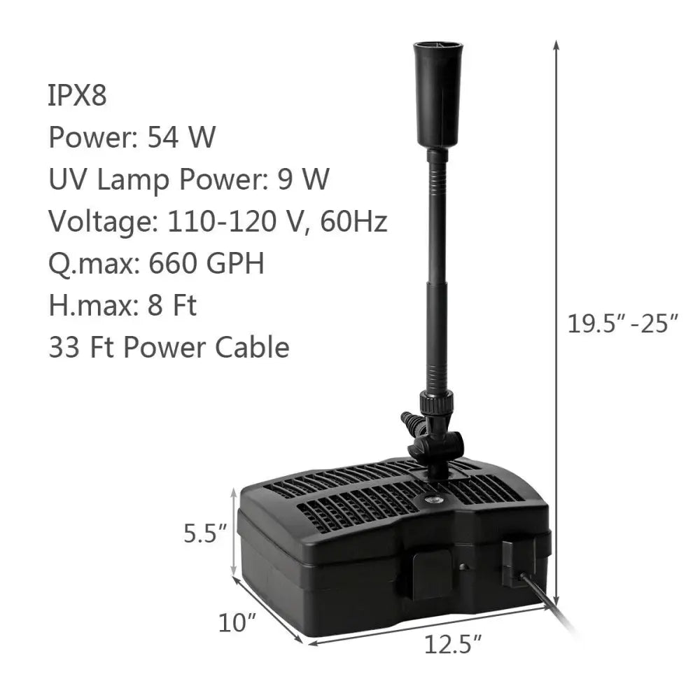 All-in-One 660 GPH Pond Filter Pump with Sterilizer and Fountain Jet - Black - Watering & Irrigation
