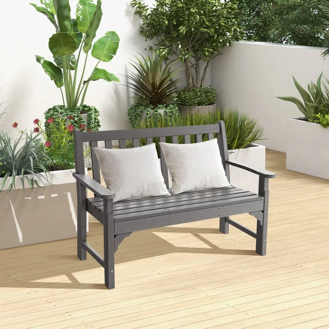 All-Weather HDPE 2-Person Garden Bench with Backrest and Armrests-Gray - Gray - Outdoor Benches