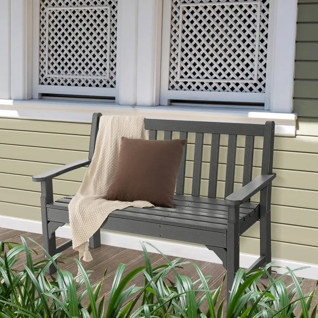 All-Weather HDPE 2-Person Garden Bench with Backrest and Armrests-Gray - Gray - Outdoor Benches