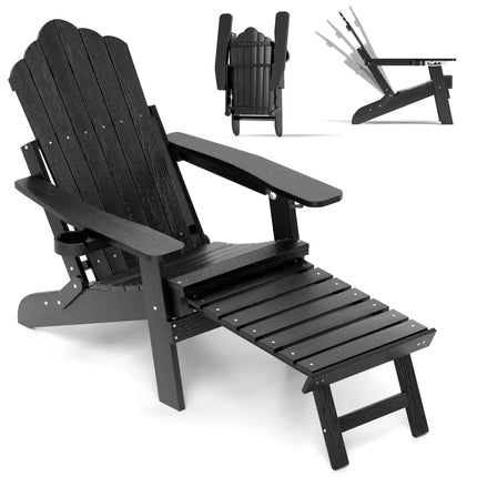 All-Weather HIPS Patio Adirondack Lounge Chair with Retractable Footrest-Black - Black - Adirondack Chairs