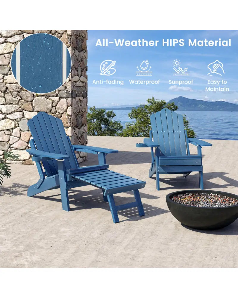 All-Weather HIPS Patio Adirondack Lounge Chair with Retractable Footrest-Navy - Navy - Adirondack Chairs
