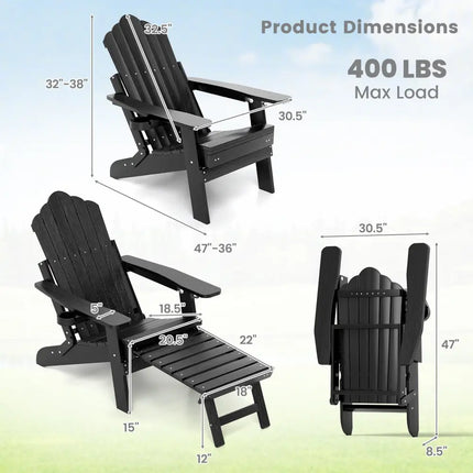 All-Weather HIPS Patio Adirondack Lounge Chair with Retractable Footrest-Black - Black - Adirondack Chairs