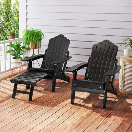 All-Weather HIPS Patio Adirondack Lounge Chair with Retractable Footrest-Black - Black - Adirondack Chairs