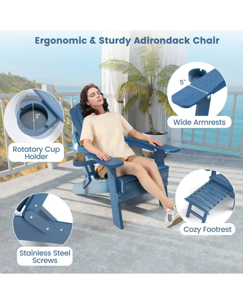 All-Weather HIPS Patio Adirondack Lounge Chair with Retractable Footrest-Navy - Navy - Adirondack Chairs