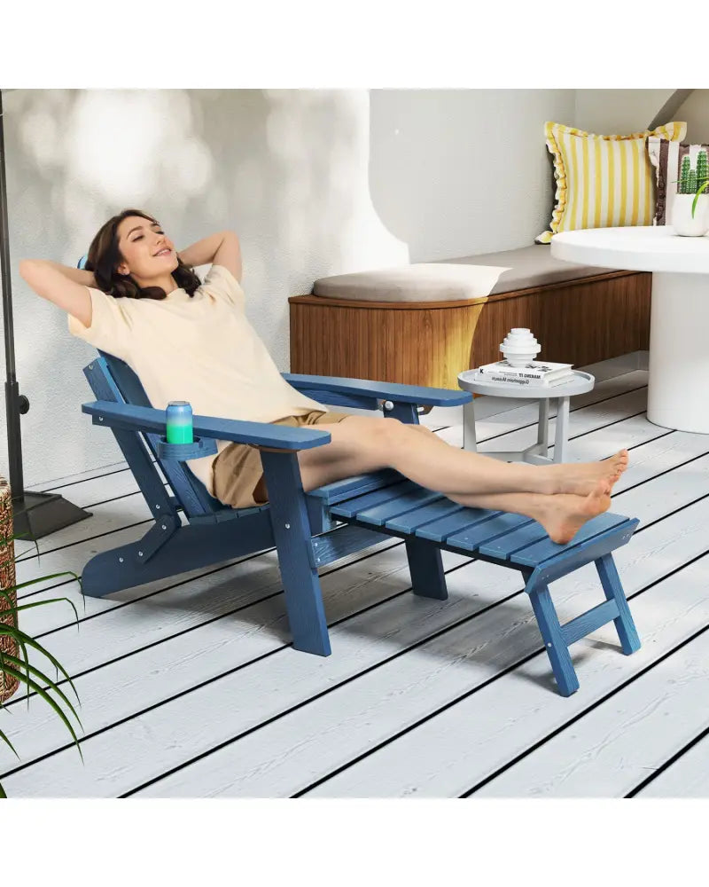 All-Weather HIPS Patio Adirondack Lounge Chair with Retractable Footrest-Navy - Navy - Adirondack Chairs