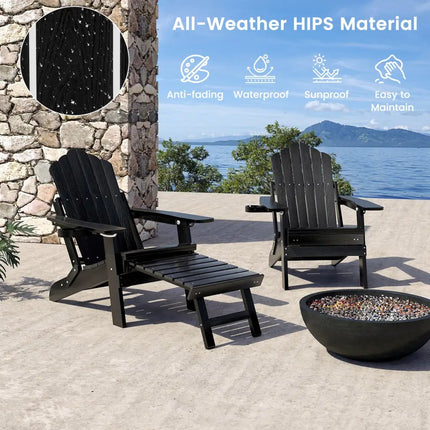 All-Weather HIPS Patio Adirondack Lounge Chair with Retractable Footrest-Black - Black - Adirondack Chairs