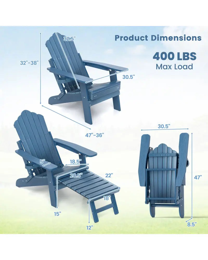 All-Weather HIPS Patio Adirondack Lounge Chair with Retractable Footrest-Navy - Navy - Adirondack Chairs