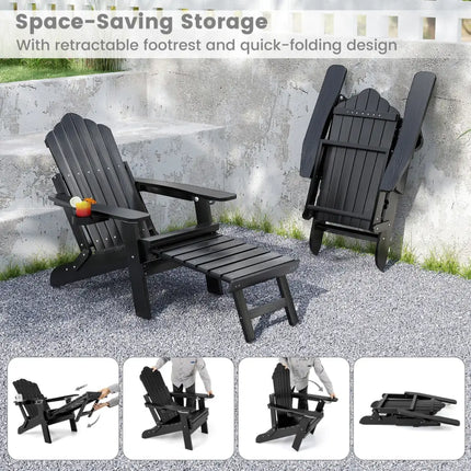 All-Weather HIPS Patio Adirondack Lounge Chair with Retractable Footrest-Black - Black - Adirondack Chairs