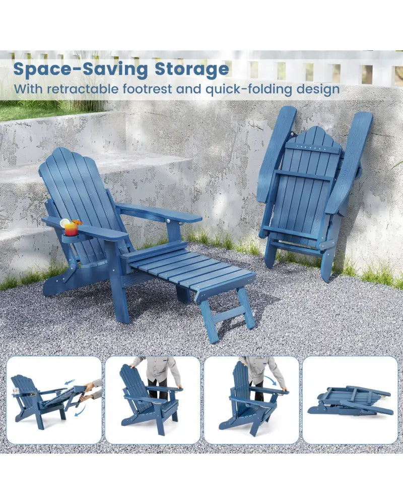 All-Weather HIPS Patio Adirondack Lounge Chair with Retractable Footrest-Navy - Navy - Adirondack Chairs