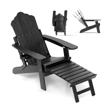 All-Weather HIPS Patio Adirondack Lounge Chair with Retractable Footrest-Black - Black - Adirondack Chairs