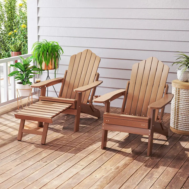 All-Weather HIPS Patio Adirondack Lounge Chair with Retractable Footrest-Coffee - Coffee - Adirondack Chairs