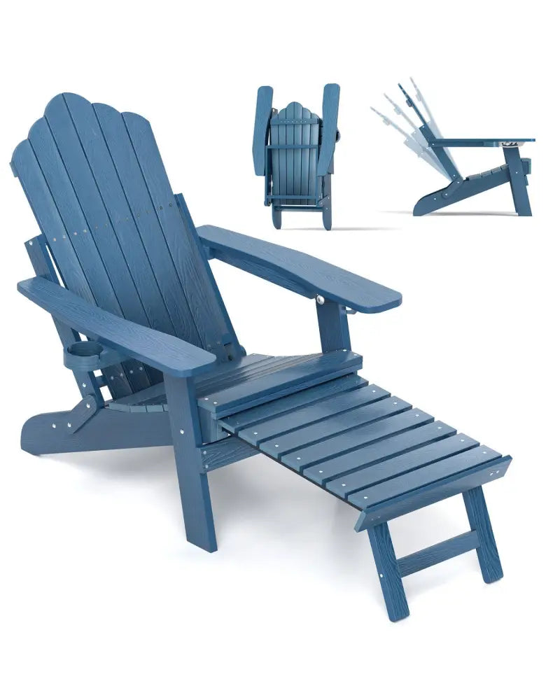 All-Weather HIPS Patio Adirondack Lounge Chair with Retractable Footrest-Navy - Navy - Adirondack Chairs