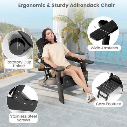 All-Weather HIPS Patio Adirondack Lounge Chair with Retractable Footrest-Black - Black - Adirondack Chairs