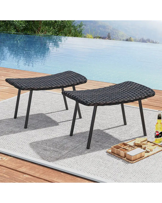 All Weather Outdoor Ottomans Set Patio Footrest Seats Set with Sturdy Metal Legs -Brown - Brown - Ottomans