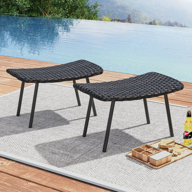 All Weather Outdoor Ottomans Set Patio Footrest Seats Set with Sturdy Metal Legs -Brown - Brown - Ottomans