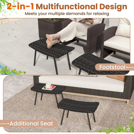 All Weather Outdoor Ottomans Set Patio Footrest Seats Set with Sturdy Metal Legs -Brown - Brown - Ottomans