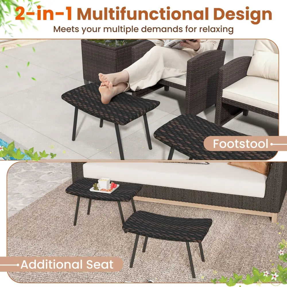 All Weather Outdoor Ottomans Set Patio Footrest Seats Set with Sturdy Metal Legs -Brown - Brown - Ottomans