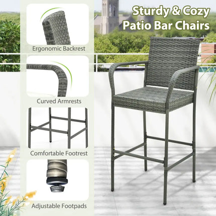 All Weather PE Rattan Bar Chairs Set of 4 with Armrests and Seat Cushions for Porch Backyard - Gray - Patio Bar