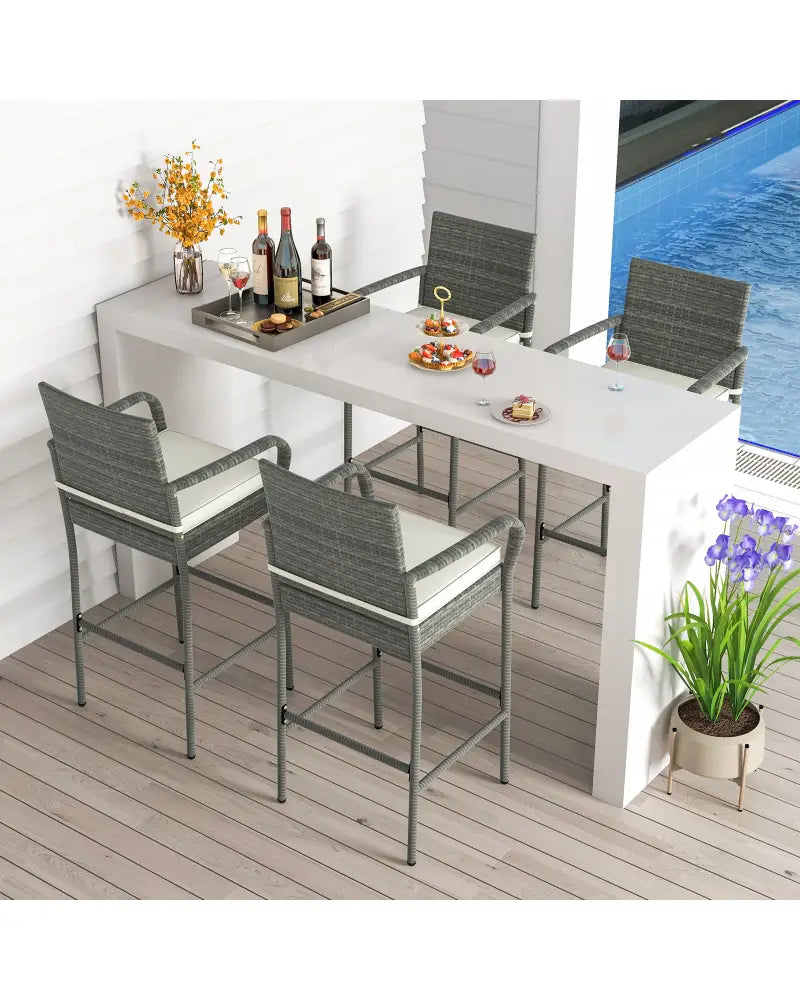 All Weather PE Rattan Bar Chairs Set of 4 with Armrests and Seat Cushions for Porch Backyard - Gray - Patio Bar