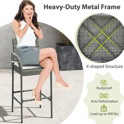 All Weather PE Rattan Bar Chairs Set of 4 with Armrests and Seat Cushions for Porch Backyard - Gray - Patio Bar