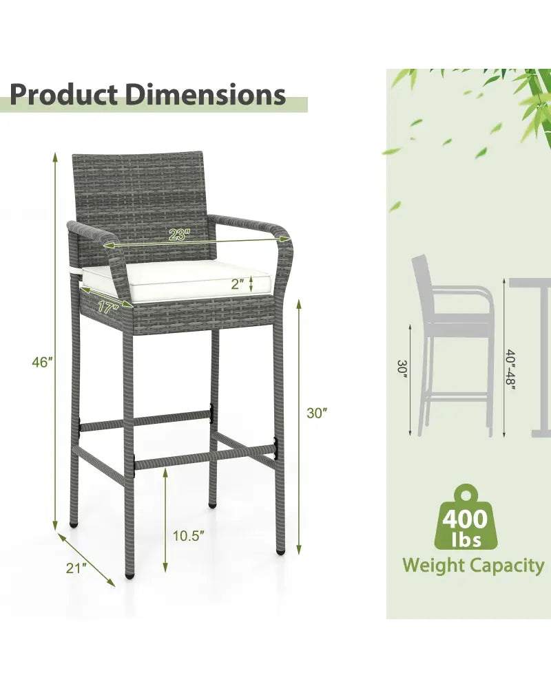 All Weather PE Rattan Bar Chairs Set of 4 with Armrests and Seat Cushions for Porch Backyard - Gray - Patio Bar