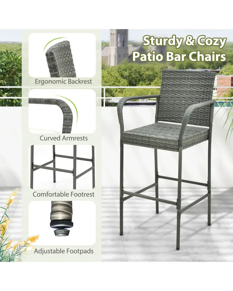 All Weather PE Rattan Bar Chairs Set of 4 with Armrests and Seat Cushions for Porch Backyard - Gray - Patio Bar