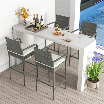 All Weather PE Rattan Bar Chairs Set of 4 with Armrests and Seat Cushions for Porch Backyard - Gray - Patio Bar