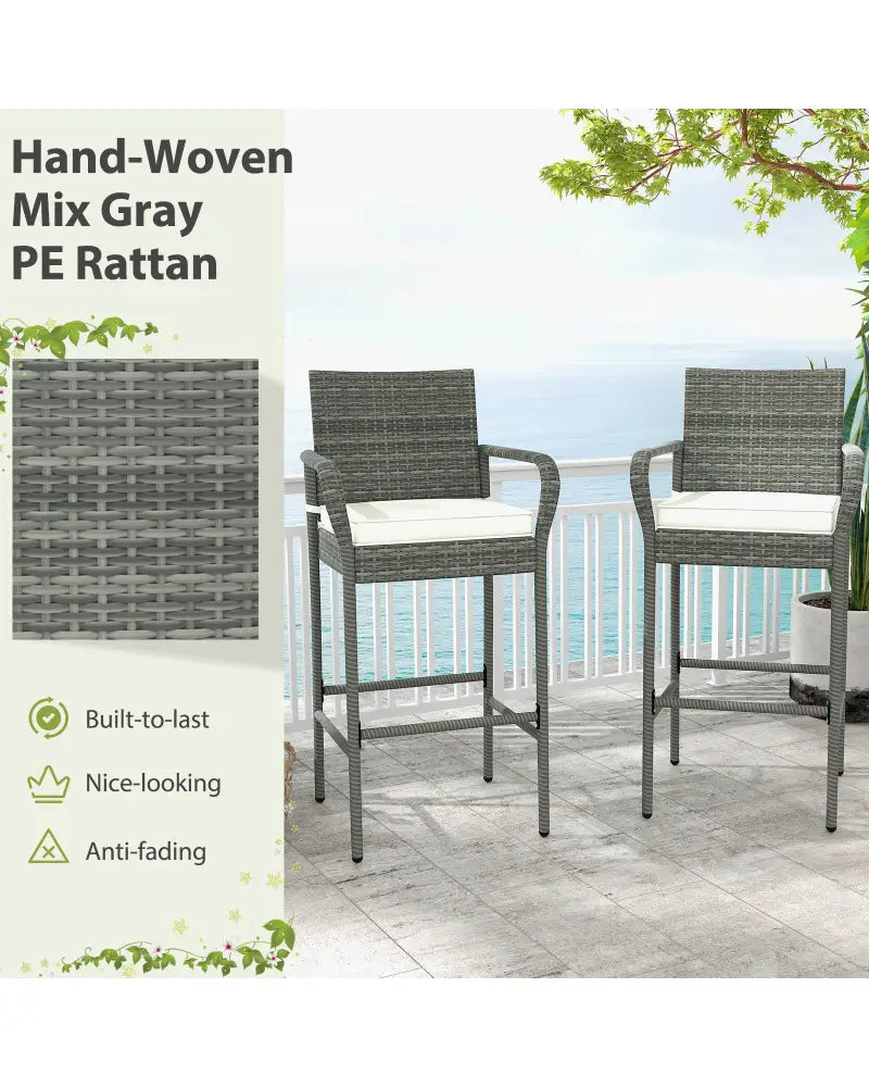 All Weather PE Rattan Bar Chairs Set of 4 with Armrests and Seat Cushions for Porch Backyard - Gray - Patio Bar