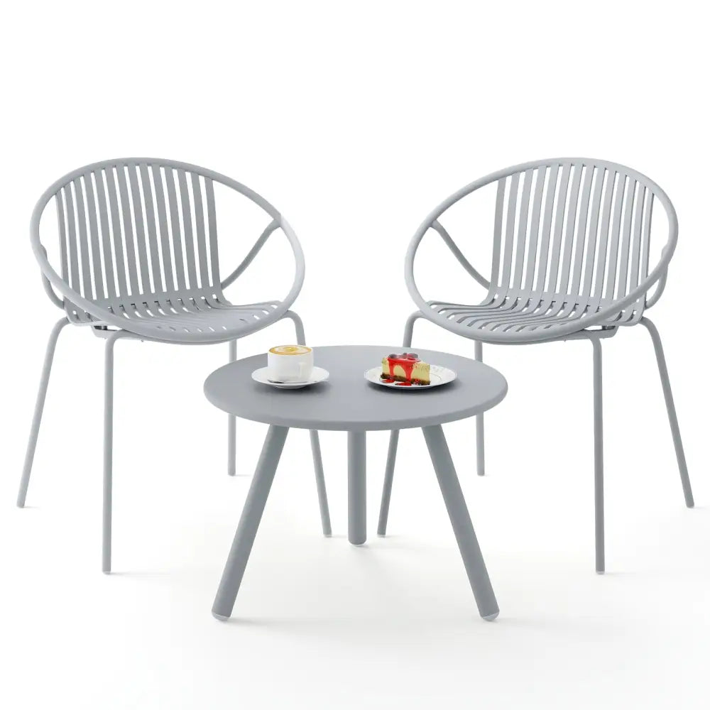 All Weather PP Patio Conversation Set with Round Coffee table and 2 Chairs-Gray - Gray - Patio Conversation Sets