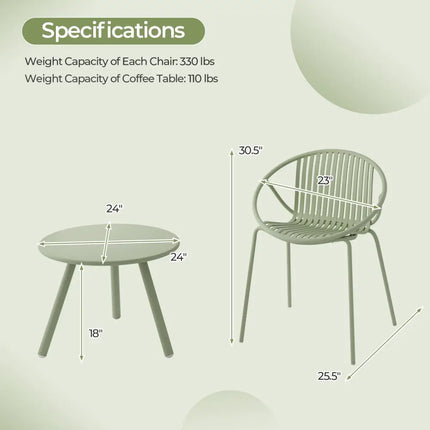 All Weather PP Patio Conversation Set with Round Coffee table and 2 Chairs-Green - Green - Patio Conversation Sets