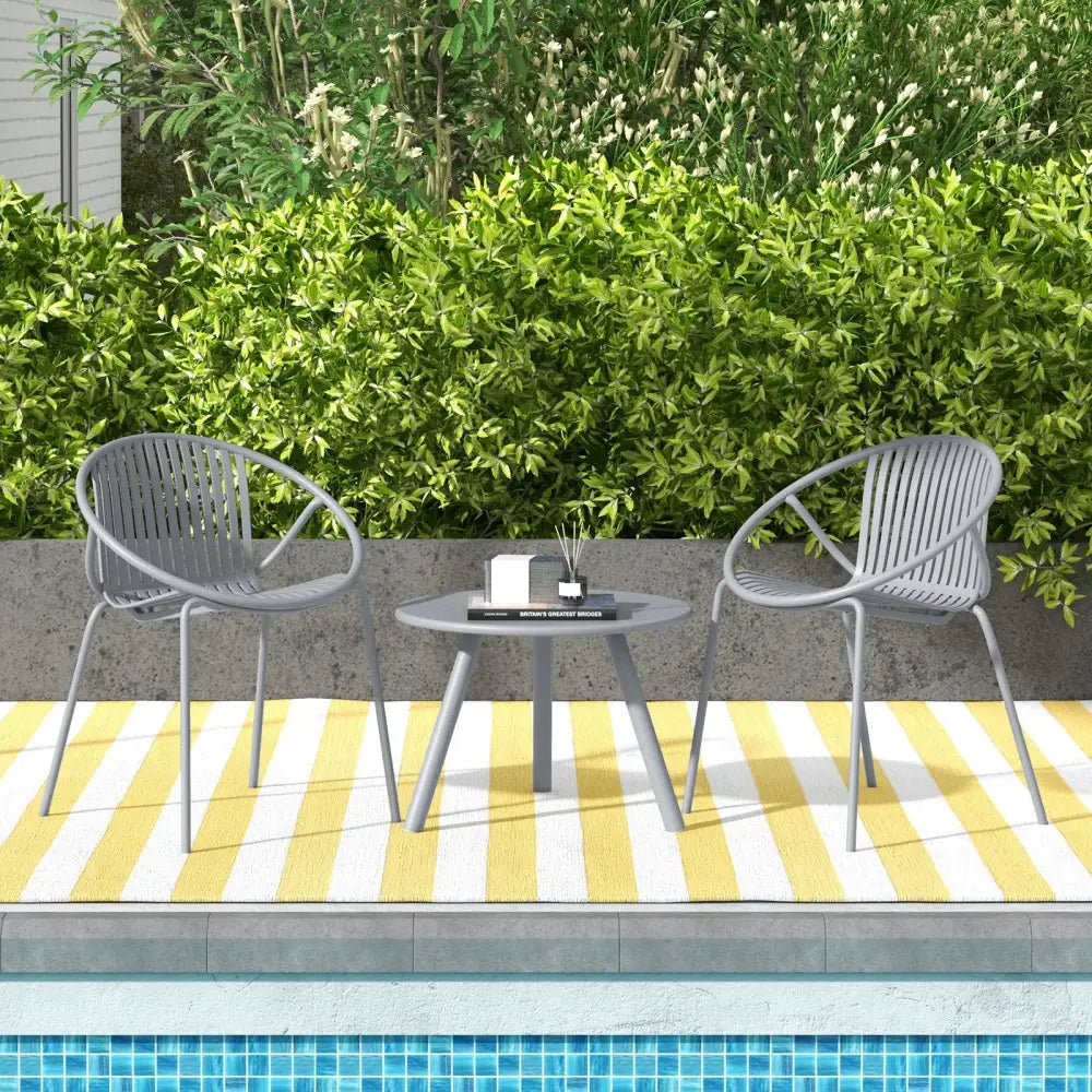 All Weather PP Patio Conversation Set with Round Coffee table and 2 Chairs-Gray - Gray - Patio Conversation Sets