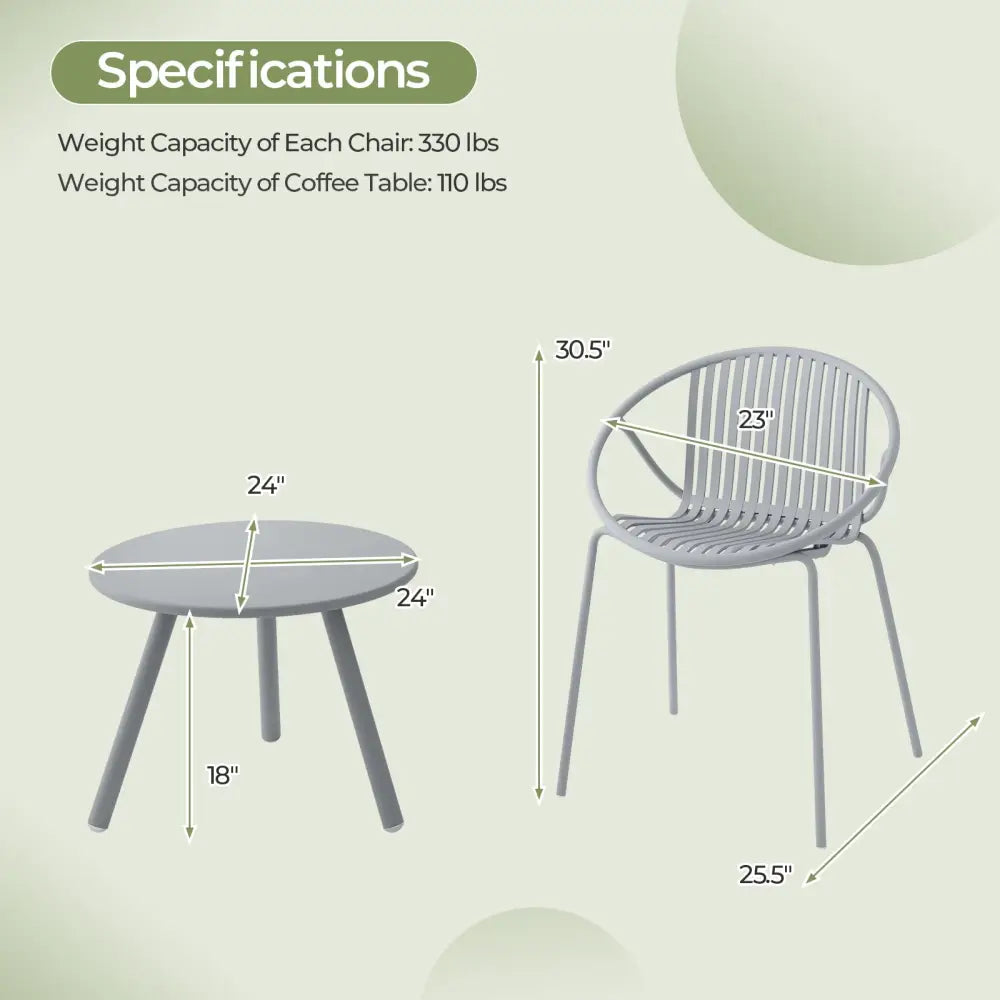 All Weather PP Patio Conversation Set with Round Coffee table and 2 Chairs-Gray - Gray - Patio Conversation Sets