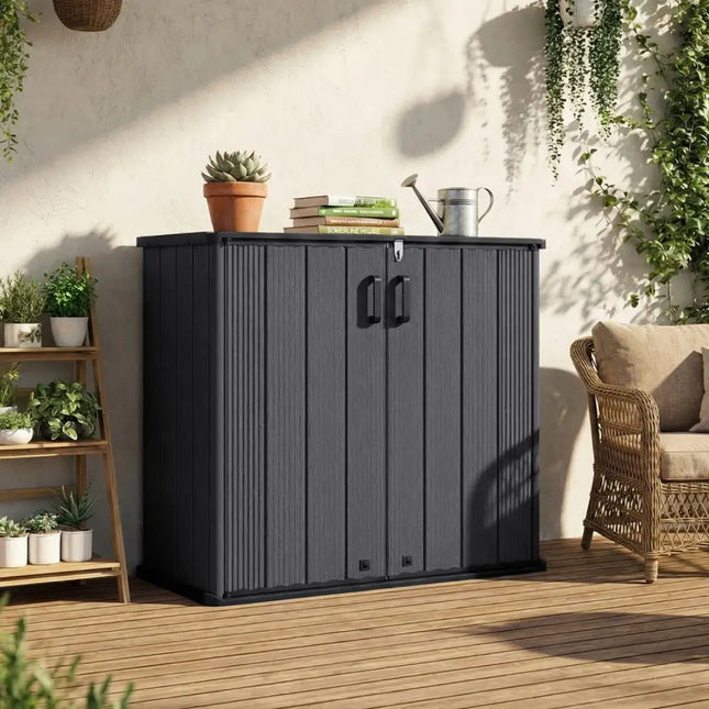All-Weather Storage Box with Floor and Removable Shelf for Patio and Lawn-Black - Black - Sheds & Outdoor Storage