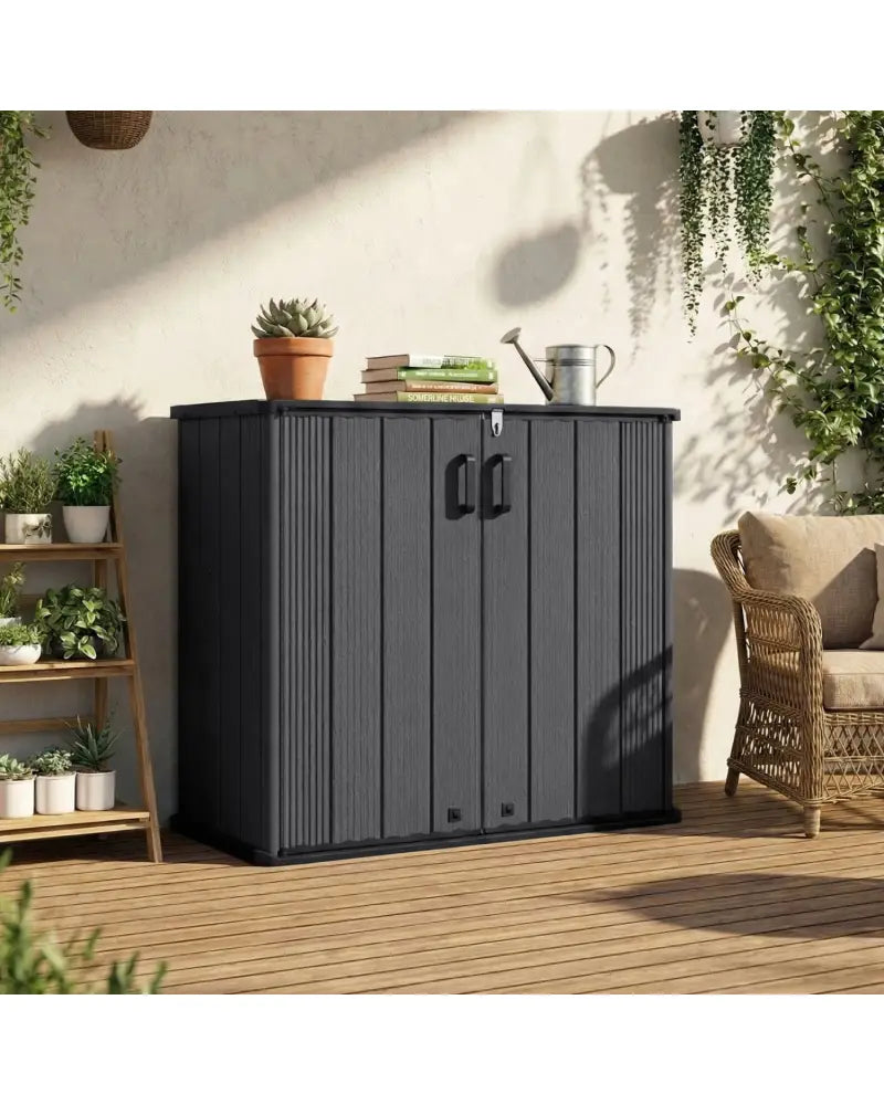All-Weather Storage Box with Floor and Removable Shelf for Patio and Lawn-Black - Black - Sheds & Outdoor Storage