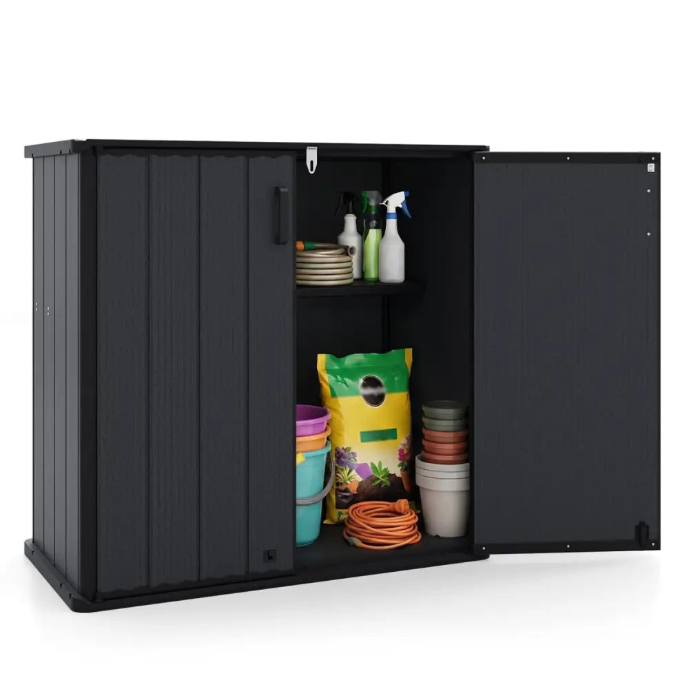 All-Weather Storage Box with Floor and Removable Shelf for Patio and Lawn-Black - Black - Sheds & Outdoor Storage
